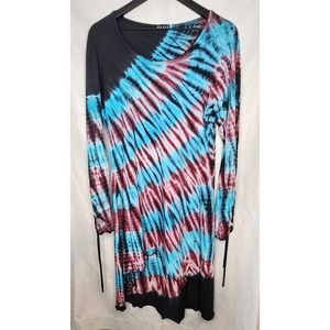 Jayli Tie Dye Hippie Long Sleeve Dress XL Blues and Reds